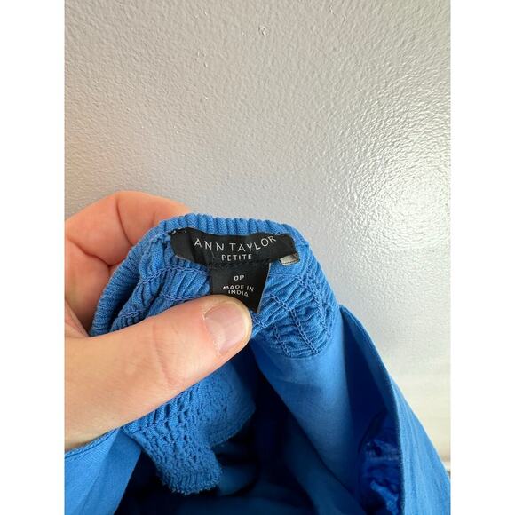 Ann Taylor Floral Embroidered Linen Blend Flare Dress Blue Stretch Classy 0P - Picture 6 of 7